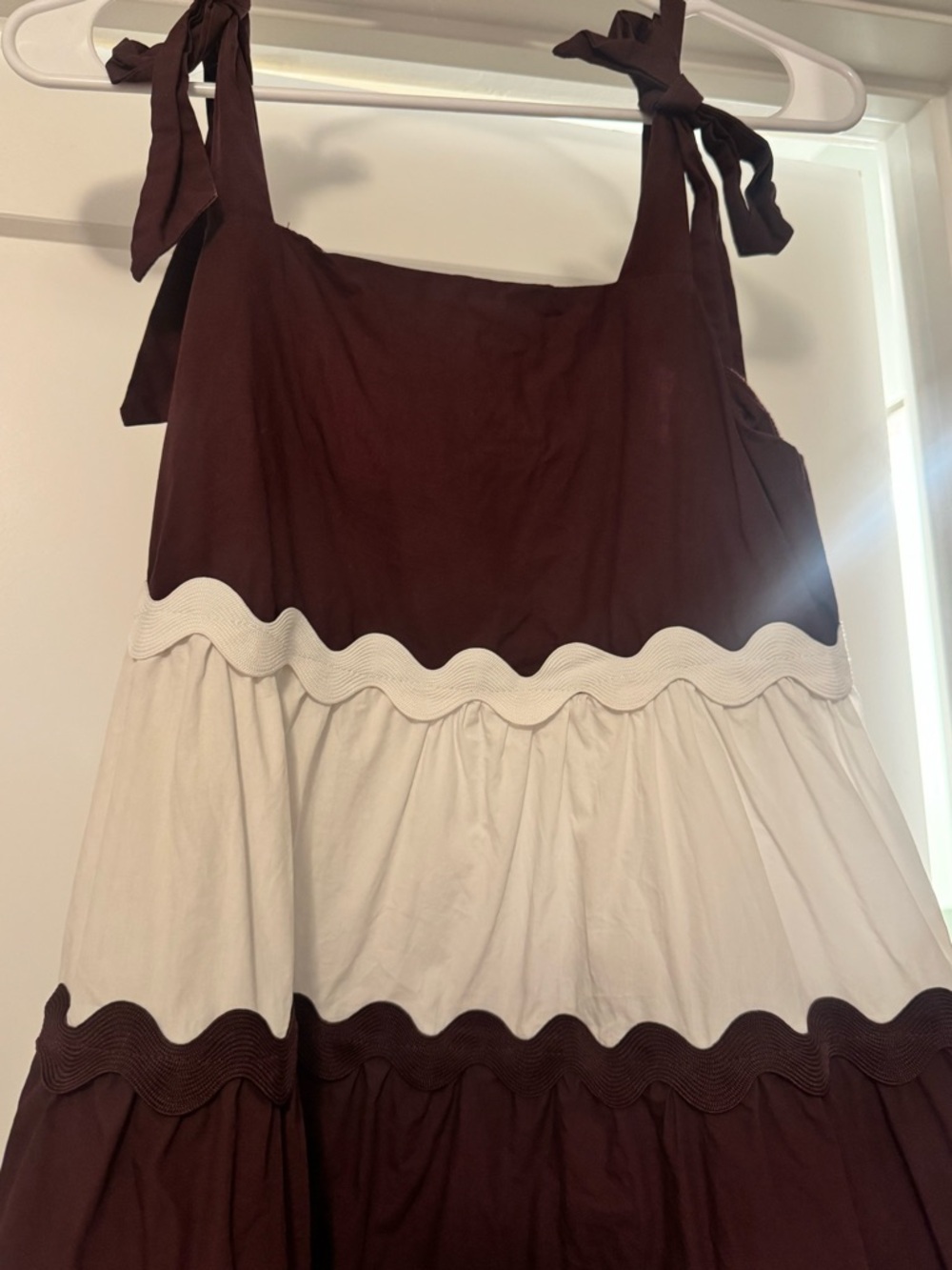 Maroon and White Tiered Tie-Shoulder Dress